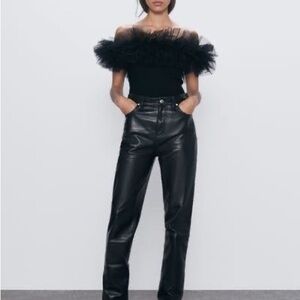 Zara Black Ruffled Off-Shoulder Tulle Bodysuit